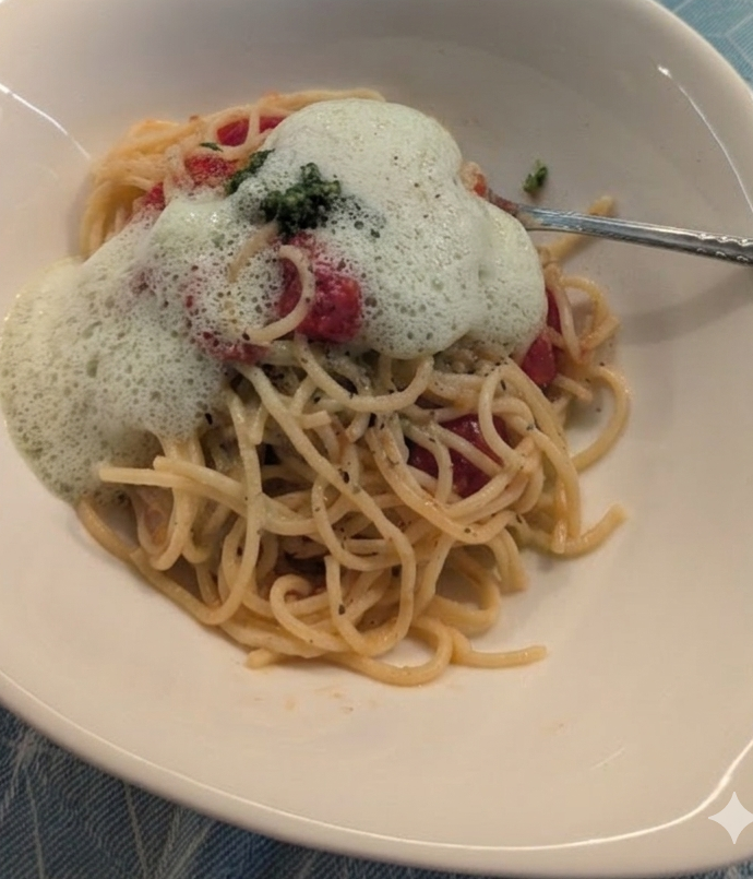 Spaghetti mit Cocktailtomaten und Bärlauchschaum
